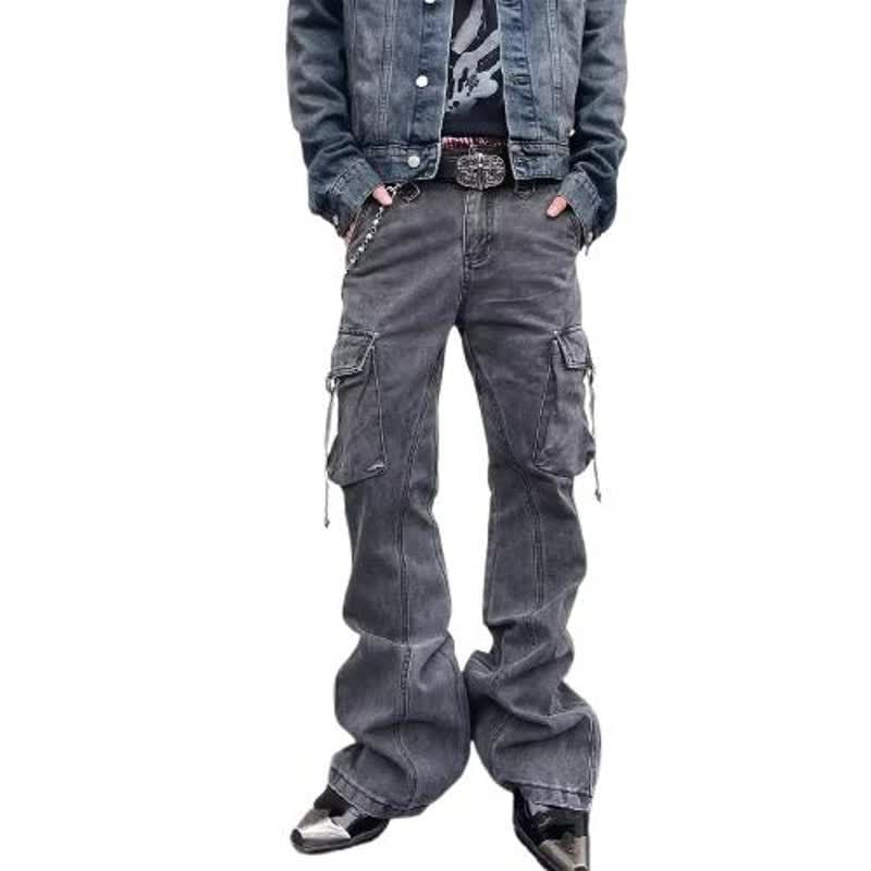 Street Style Distressed Washed Multi-Pocket Flared Cargo Jeans