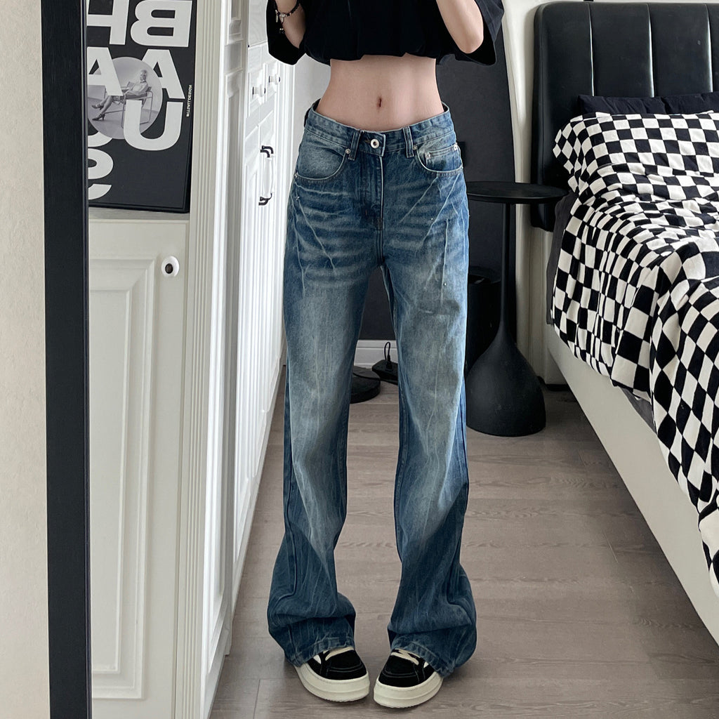 Washed Lightning Pattern Denim Pants Men Casual Loose Straight Leg Wide Leg Long Pants