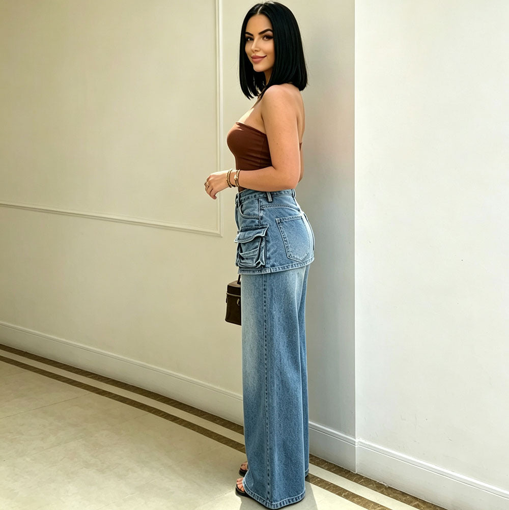 High-Waisted Wide-Leg Jeans for Women, Fashionable Multi-Pocket Faux Two-Piece Pants Skirt