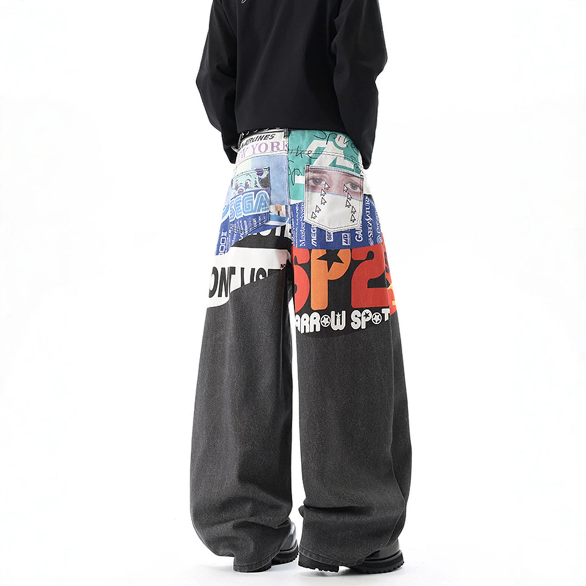 Casual Men's Letter Digital Print Denim Pants, Loose Fit, Street Style, Oversized Straight Leg Trousers