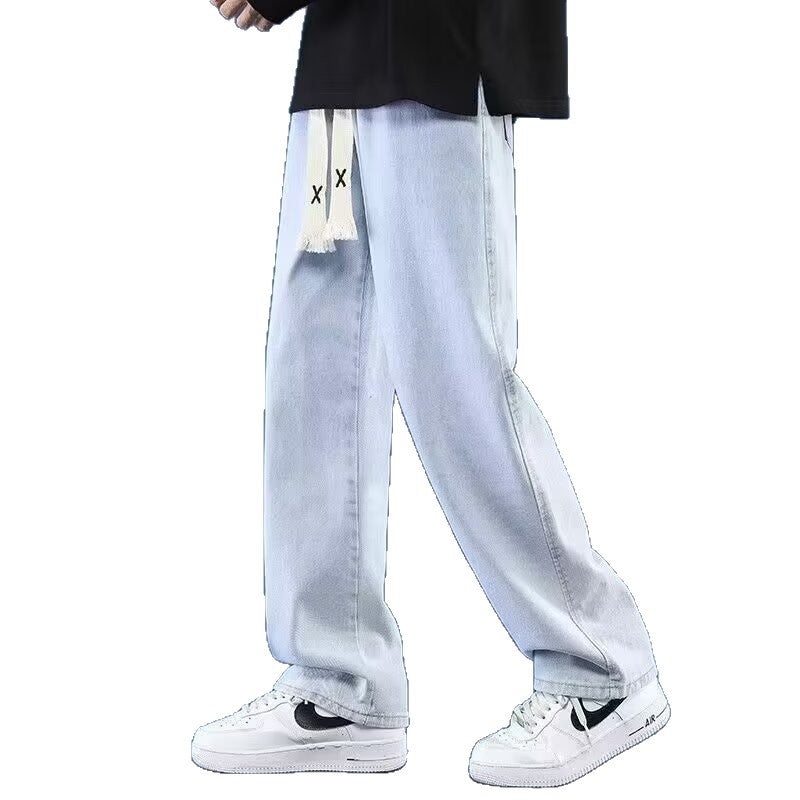 Retro Men's Summer Straight Leg Casual Drawstring Jeans High Street Style Pants