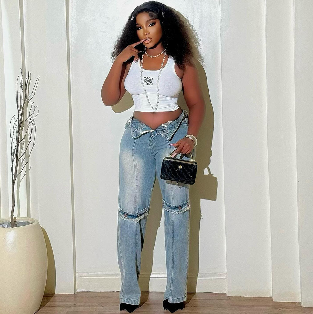Women's Straight Leg Jeans Fashion Retro Distressed Casual Pants