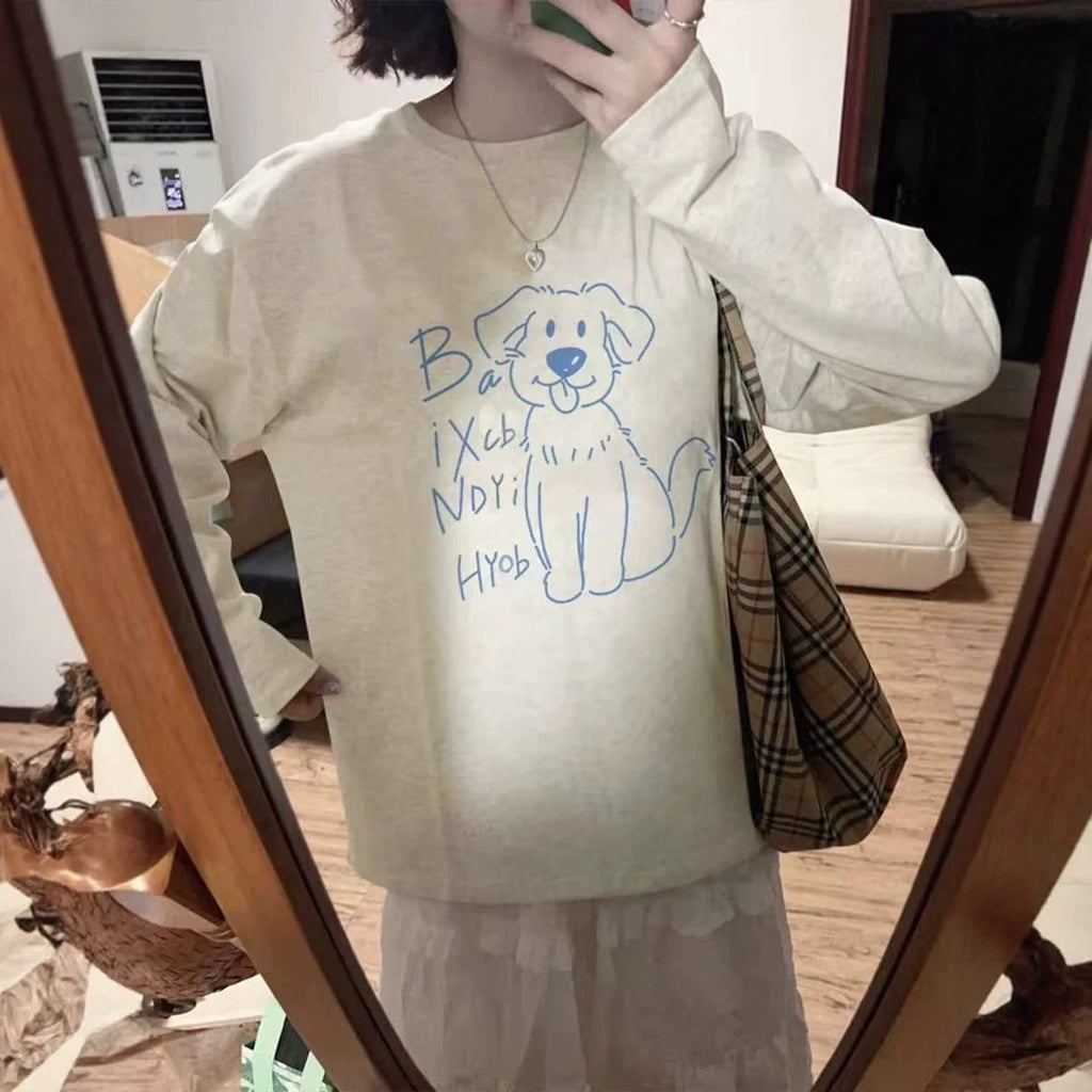 Hand-Painted Dog Graphic Regular Fit Long Sleeve T-Shirt for Women