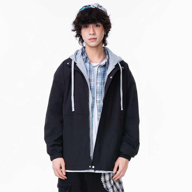 Casual Solid Color Long Sleeve Zipper Stand Collar Loose Fit Men's Windbreaker Jacket