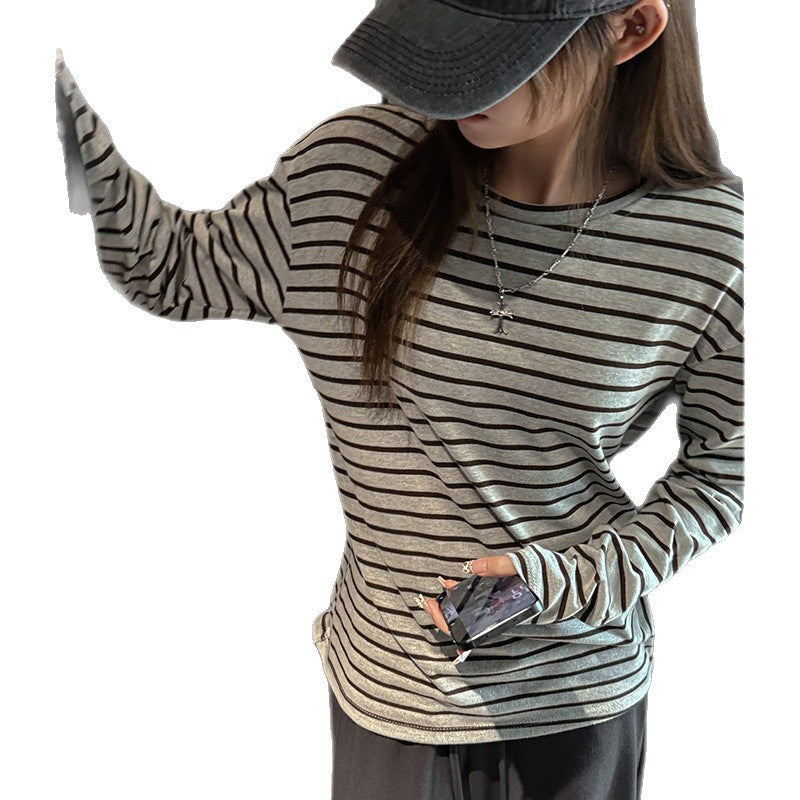 Striped cotton long sleeve T-shirt for women, loose casual high-end feel, round neck, lazy style, inner layer, can be worn outside