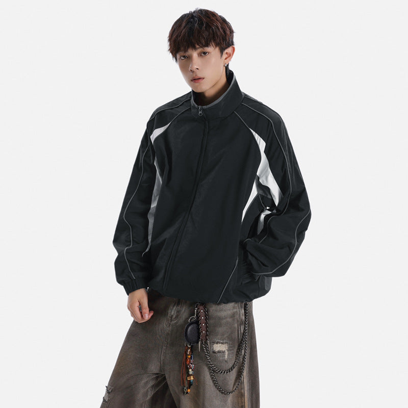 Retro Streetwear Patchwork Stand Collar Sports Jacket for Men and Women, Autumn Loose Fit Couple's Versatile Casual Water-Repellent Jacket