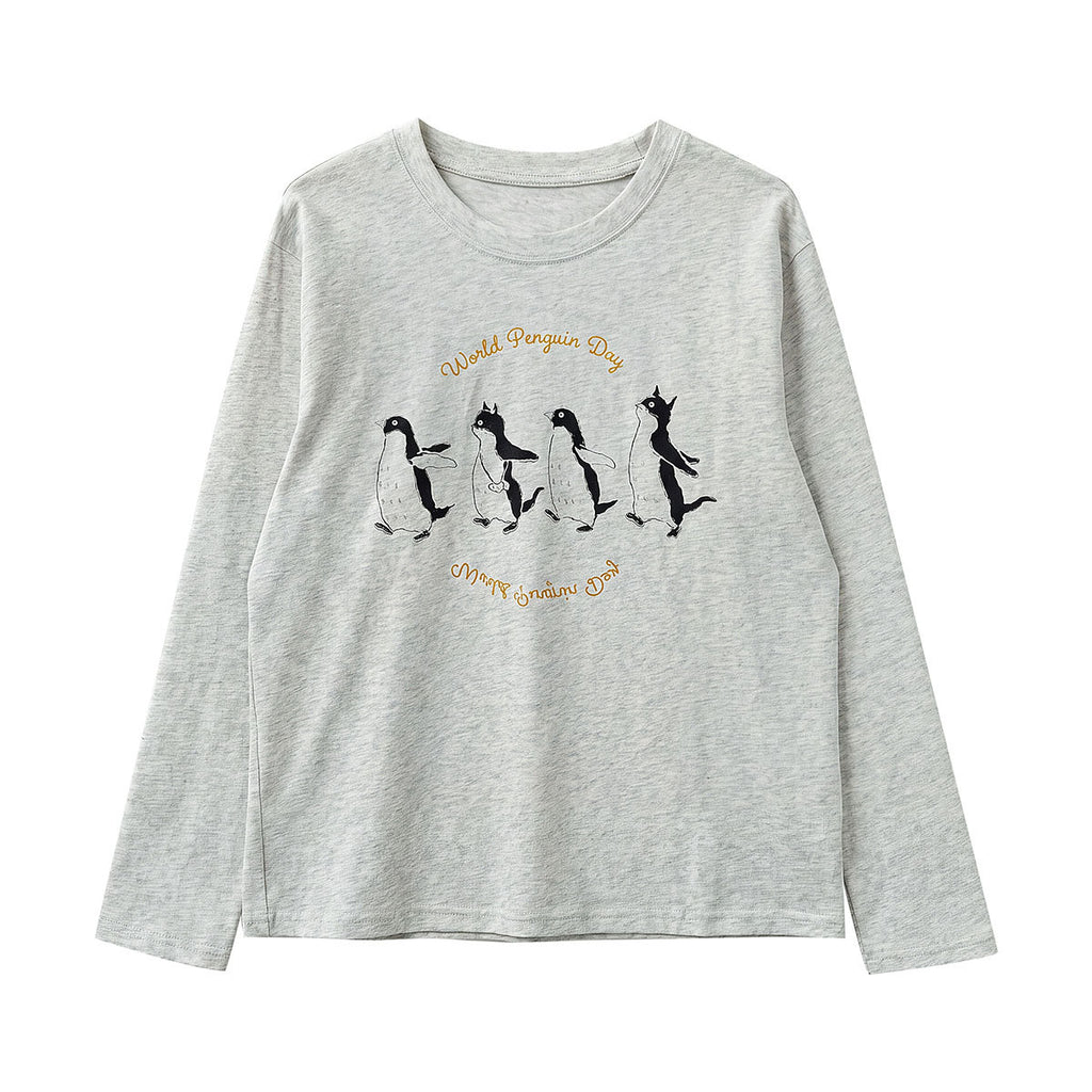 Round Neck Cartoon Print Long Sleeve Inner T-Shirt for Women Casual Simple Top