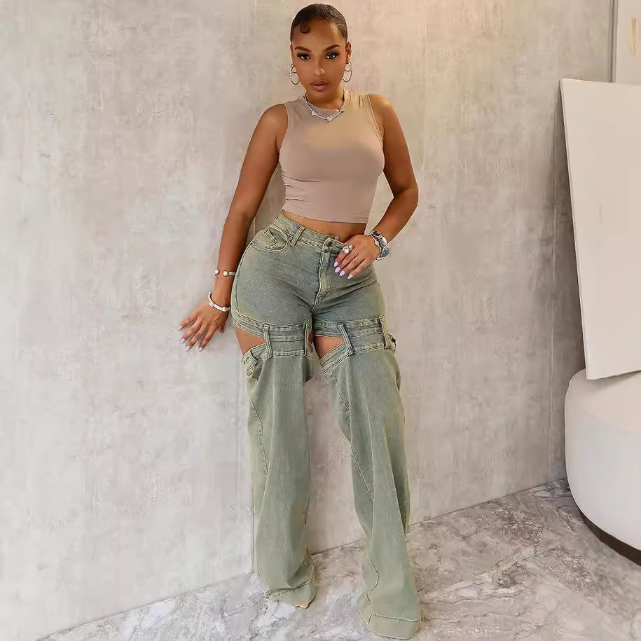 Women's Straight Leg Jeans Street Fashion Vintage Washed Cut-Out Wide Leg Pants