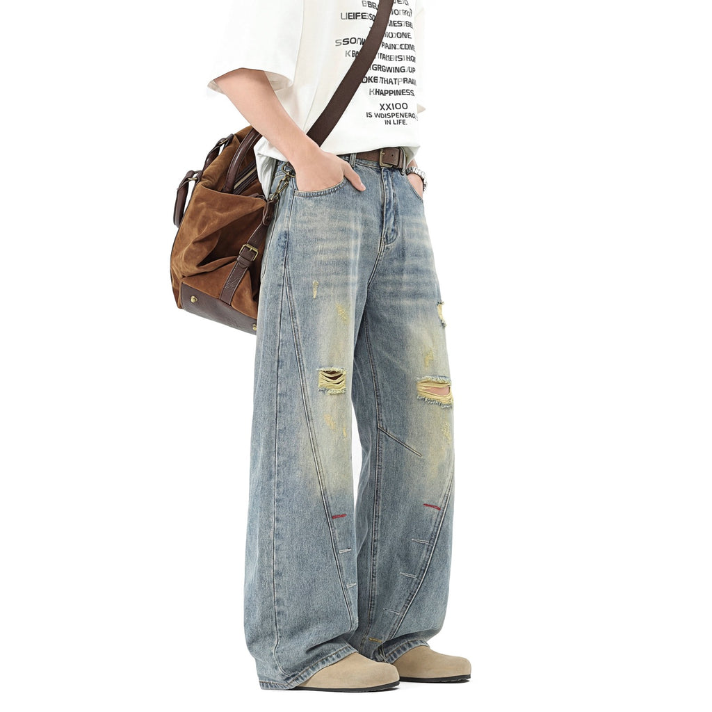 Colorful Buttonhole Diagonal Cut Jeans Men's Pants