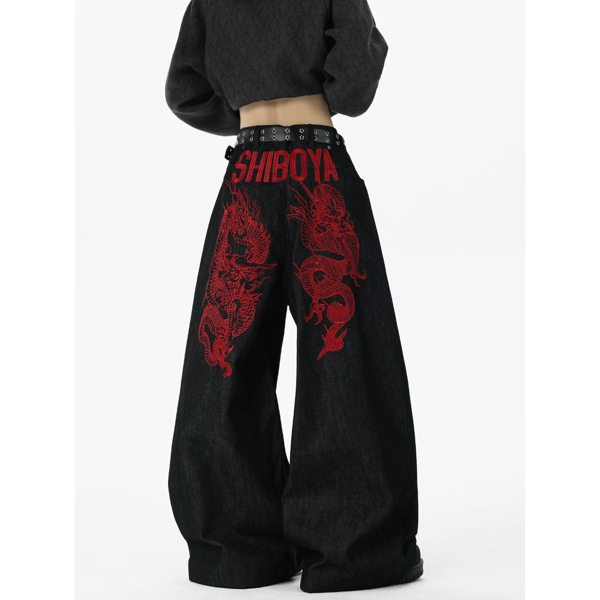 Red Dragon Embroidery Knife Jeans Men Loose Casual Cargo Wide Leg Long Pants