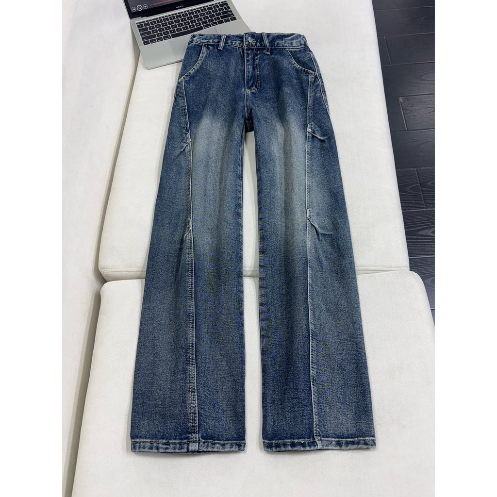 Lightning Pattern Washed Denim Pants Men Straight Leg Pants