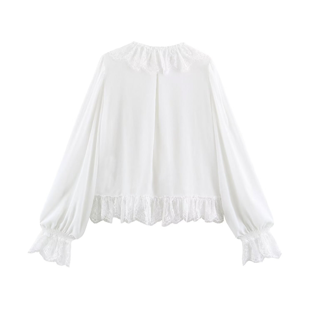 Lace pearl button lace long sleeved shirt