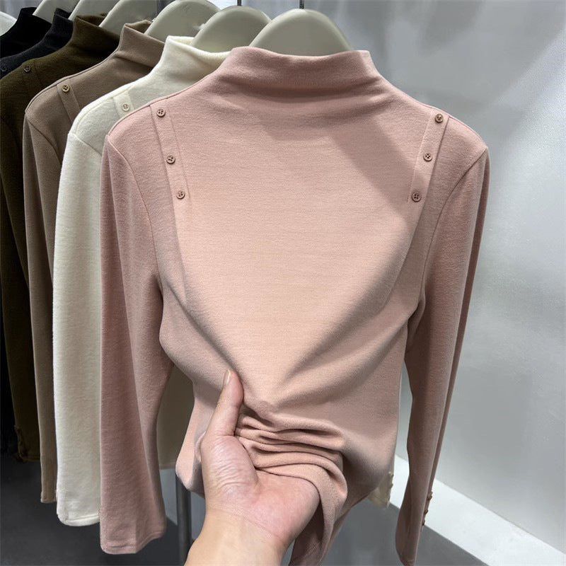 Double-Sided Velvet Half-High Neck Long Sleeve Base Layer Shirt for Women, Fashionable and Versatile Long Sleeve Inner Wear