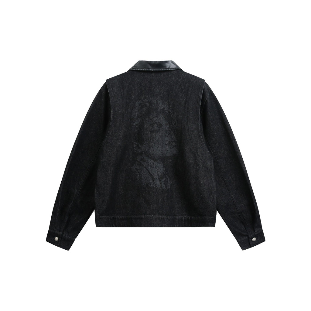 PU Leather Patchwork Burnout Denim Jacket for Men with Turn-down Collar