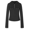 Hooded long sleeved half open button double pocket casual spicy girl base T-shirt