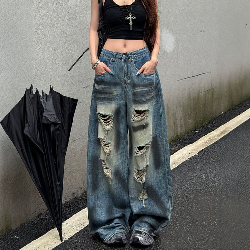 Low Waist Ripped Fringe Wide Leg Jeans for Men and Women, Summer Thin Style, Loose Floor-Length Pants