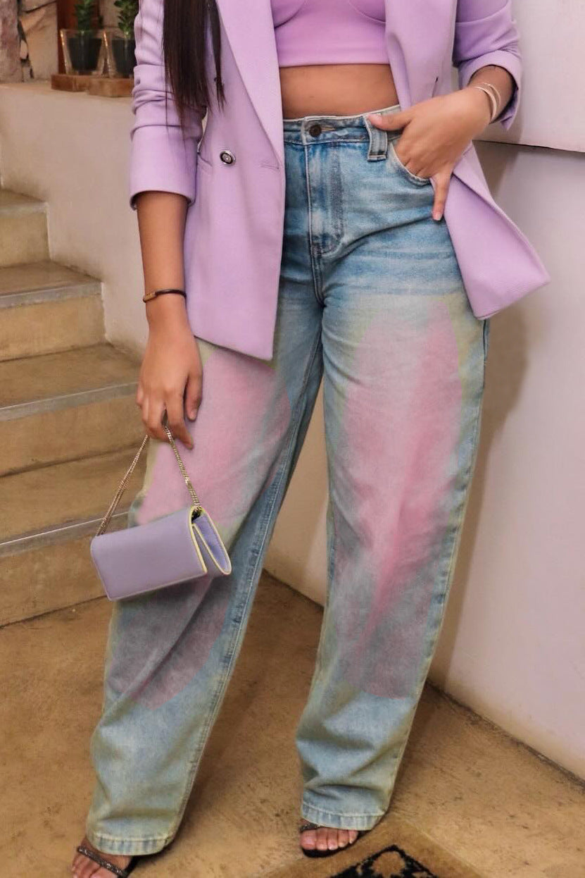 Fashion Trendy Washed Denim Straight Leg Jeans