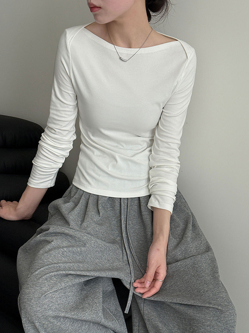 Retro High-Intellectual Boat Neck Design Inner Layer Long Sleeve T-Shirt for Women, Autumn Fitted Slimming Chic Top