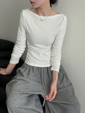 Retro High-Intellectual Boat Neck Design Inner Layer Long Sleeve T-Shirt for Women, Autumn Fitted Slimming Chic Top