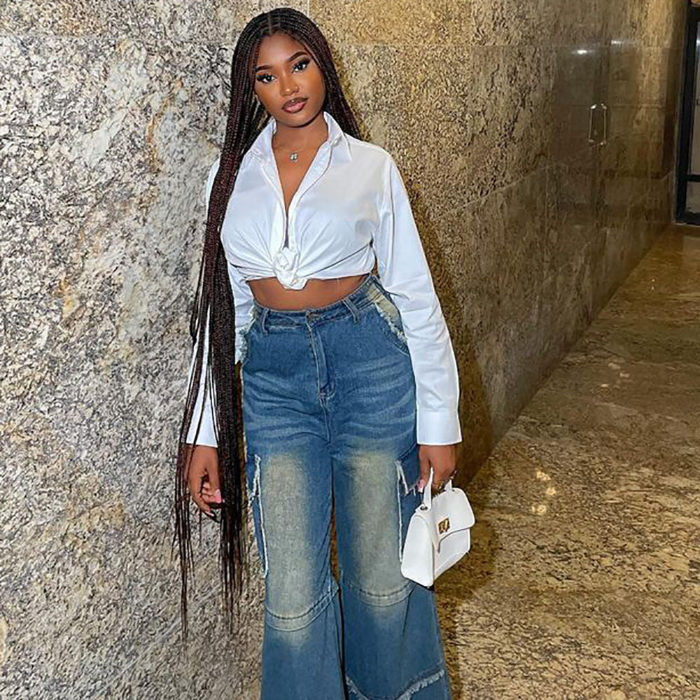 Straight-leg denim pants for women high-waisted wide-leg retro washed stylefashion casual jeans