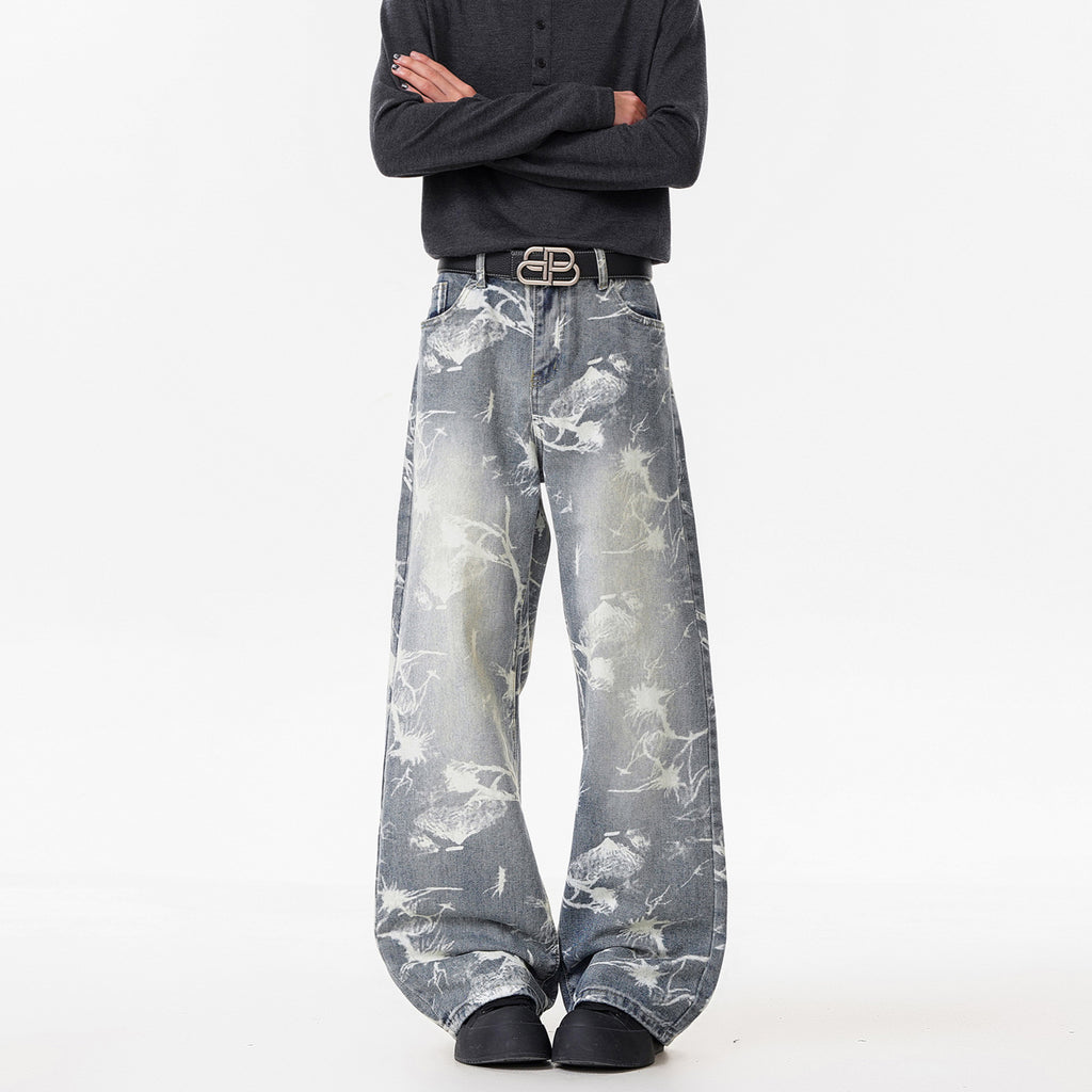 Deep Blue Denim Pants Men's Streetwear Style Flared Knife Cut Trousers