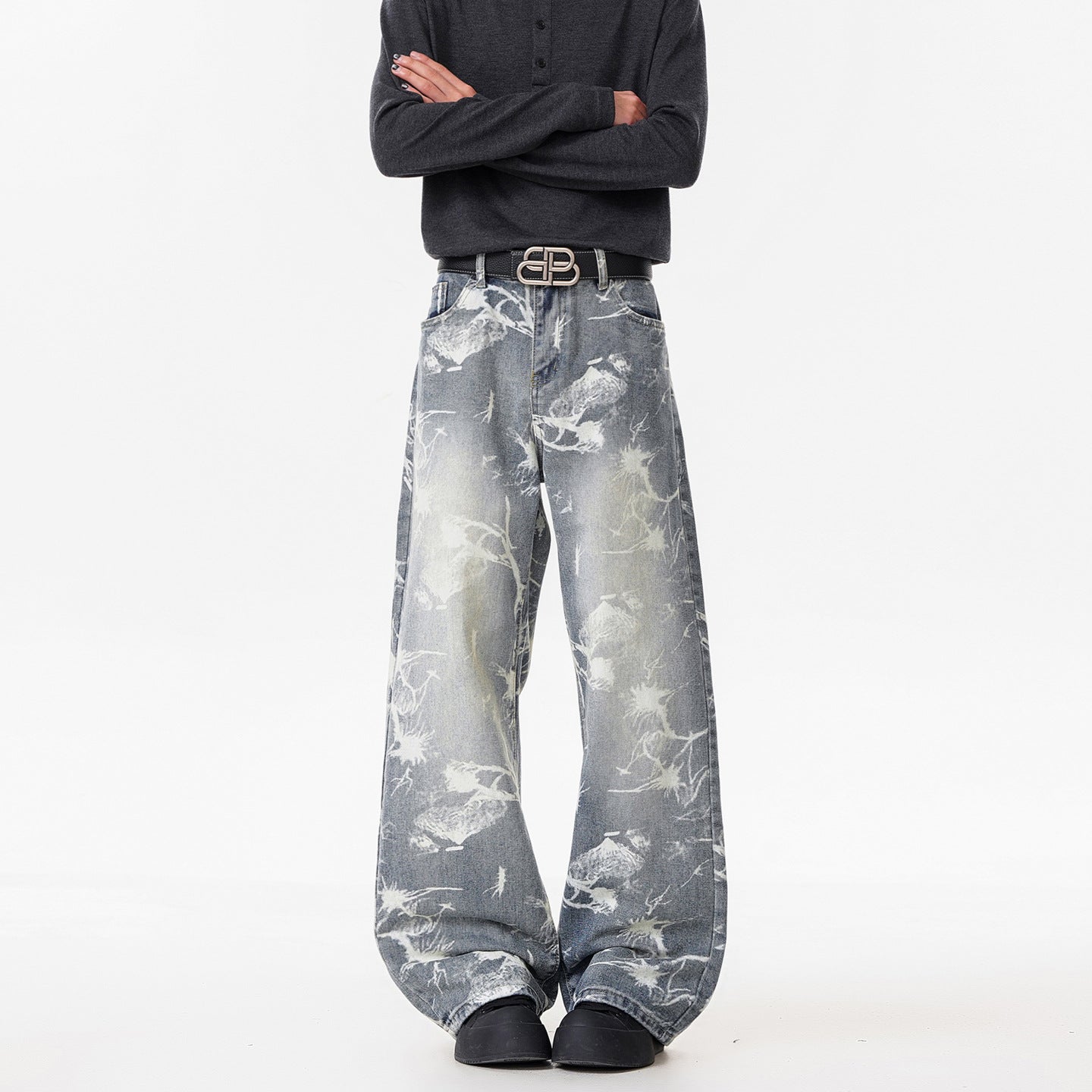 Deep Blue Denim Pants Men's Streetwear Style Flared Knife Cut Trousers