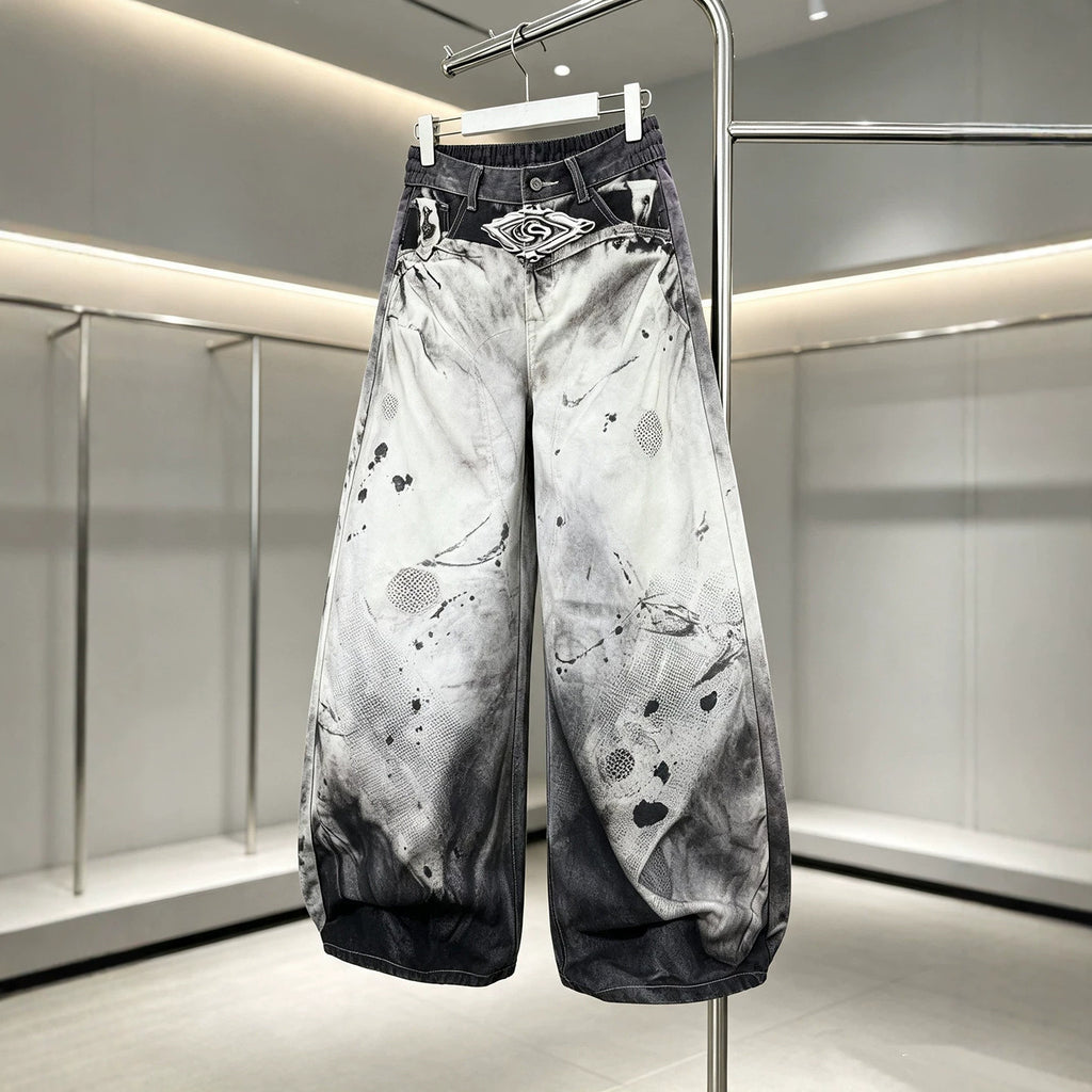 Street Style Splatter Effect Curved Knife Jeans Men's Loose Ink-Wash Wide-Leg Casual Long Pants