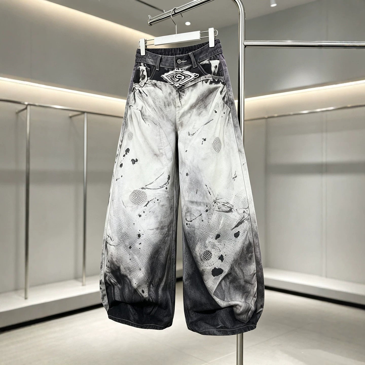 Street Style Splatter Effect Curved Knife Jeans Men's Loose Ink-Wash Wide-Leg Casual Long Pants