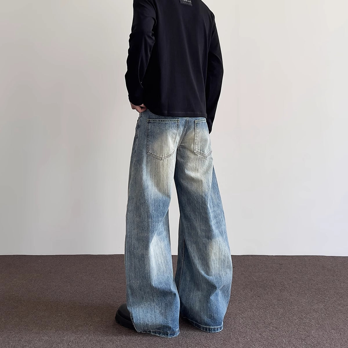 Street Cleanfit Distressed Slub Knife-Edge Jeans Men's Straight Leg Slight Flare Silhouette Design Long Pants
