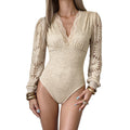 Tailored patchwork lace long sleeved V-neck jumpsuit for women