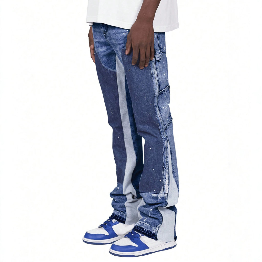 Workwear Denim Pants Men Straight Leg Layered Patchwork Stylish Casual Jeans
