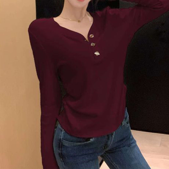 Fashion V-Neck Gold Button Embroidered Velvet Base Layer T-Shirt for Women Vintage Trendy Slim Fit Casual Top