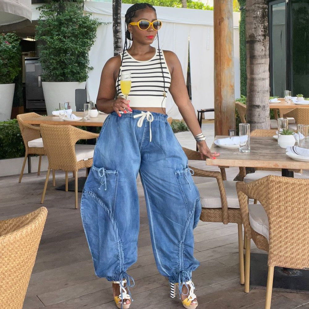 Casual Loose Denim Pants for Women Street Style Drawstring Elastic Waist Harlan Pants
