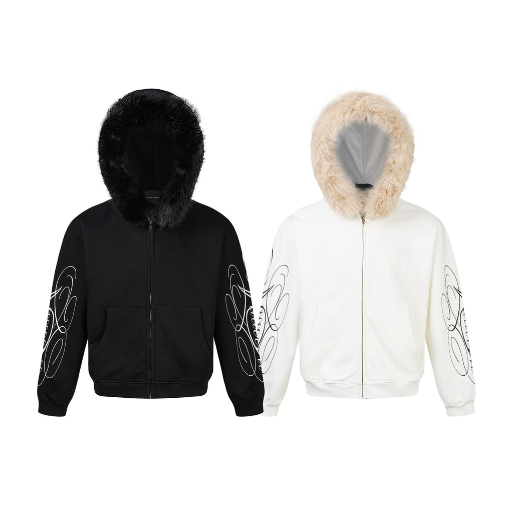 Script Print Cropped Long Sleeve Fur Trim Hood Zip-up Sweatshirt