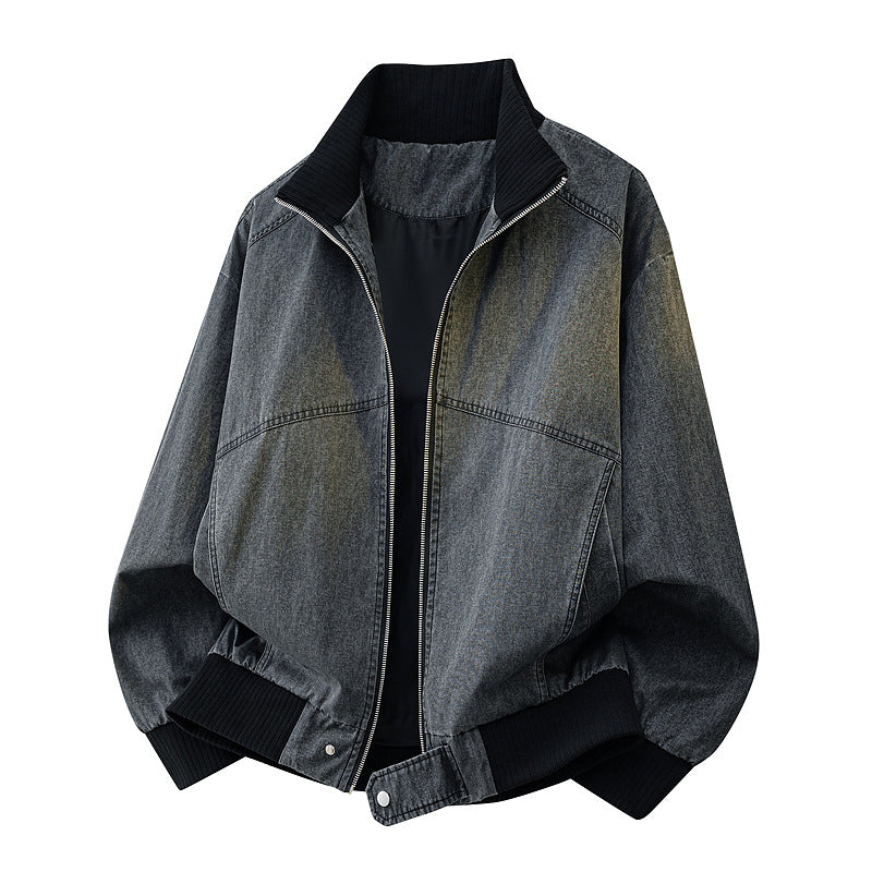 Men's Rugged Style Dark Blue Long Sleeve Zipper Stand Collar Regular Fit Jacket