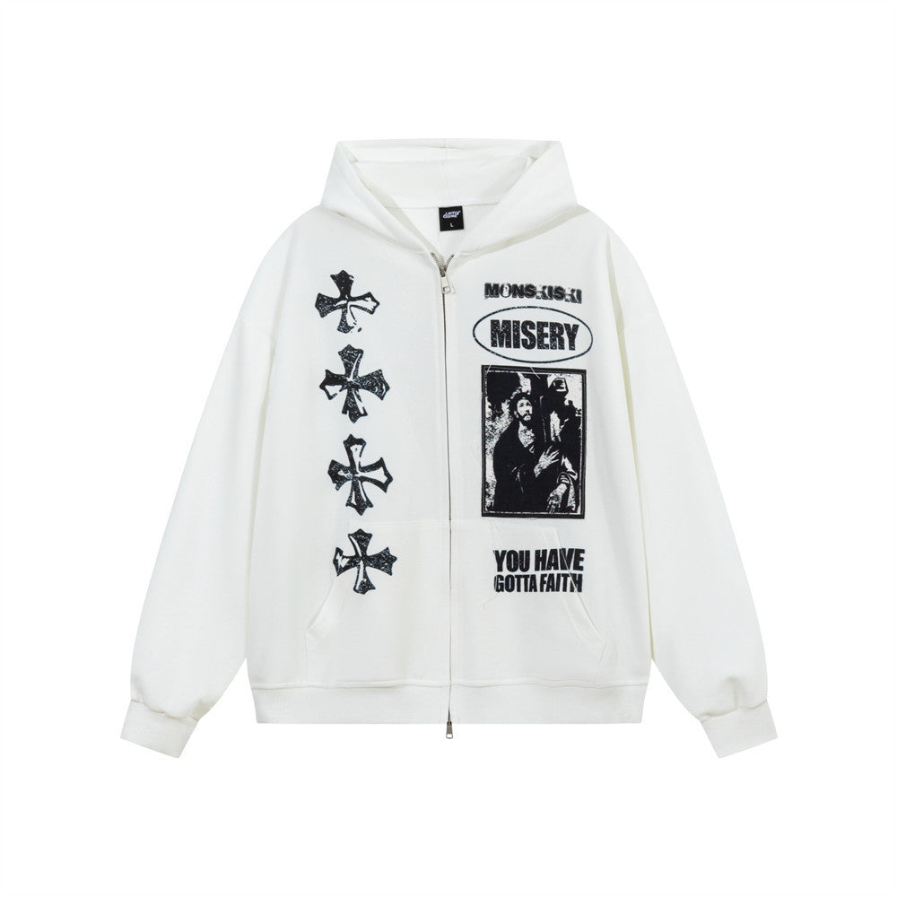 Cross figure printed washed hooded sweatshirt