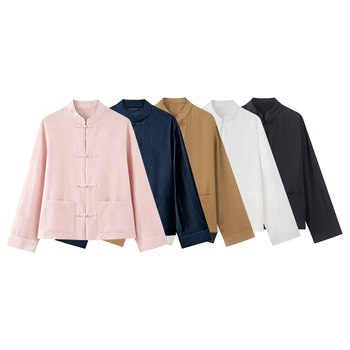Long sleeved stand up collar satin rope buttoned shirt