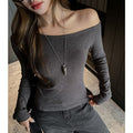 Chic Long Sleeve Crop Top for Women, Off-Shoulder Asymmetric Design, Sexy and Sultry Inner Wear or Outerwear, Regular Shoulder T-Shirt Top