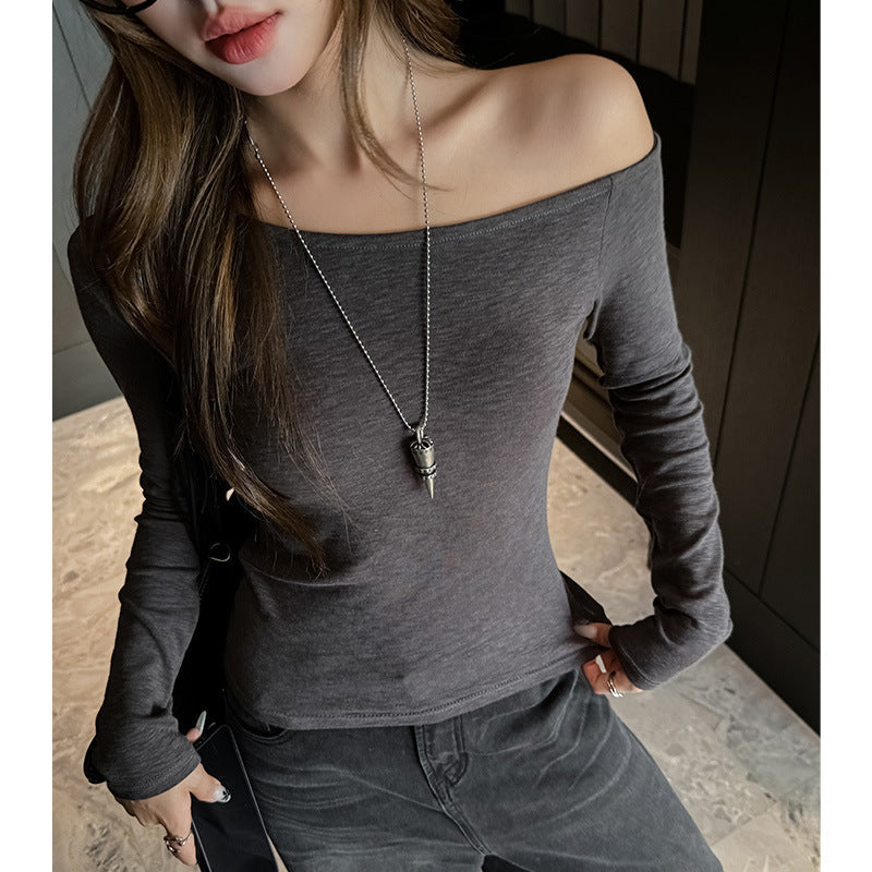 Chic Long Sleeve Crop Top for Women, Off-Shoulder Asymmetric Design, Sexy and Sultry Inner Wear or Outerwear, Regular Shoulder T-Shirt Top