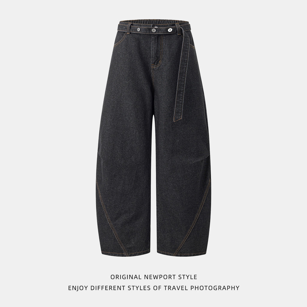 Raw Denim Retro Jeans for Men, Autumn Loose Straight Leg Pants with Belt Loop and Button Closure, Casual Long Trousers