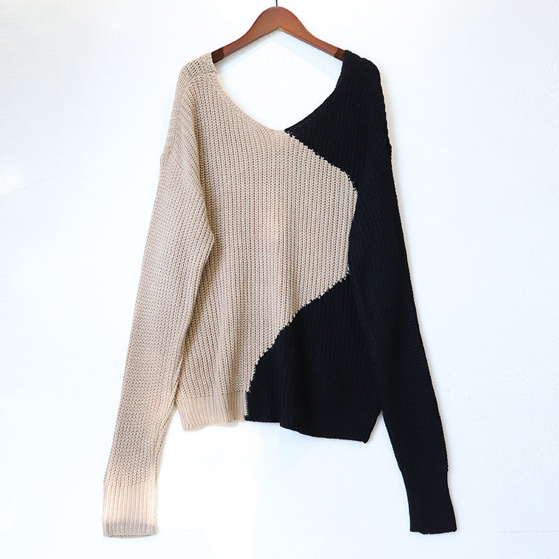 Color blocked V-neck sweater for women