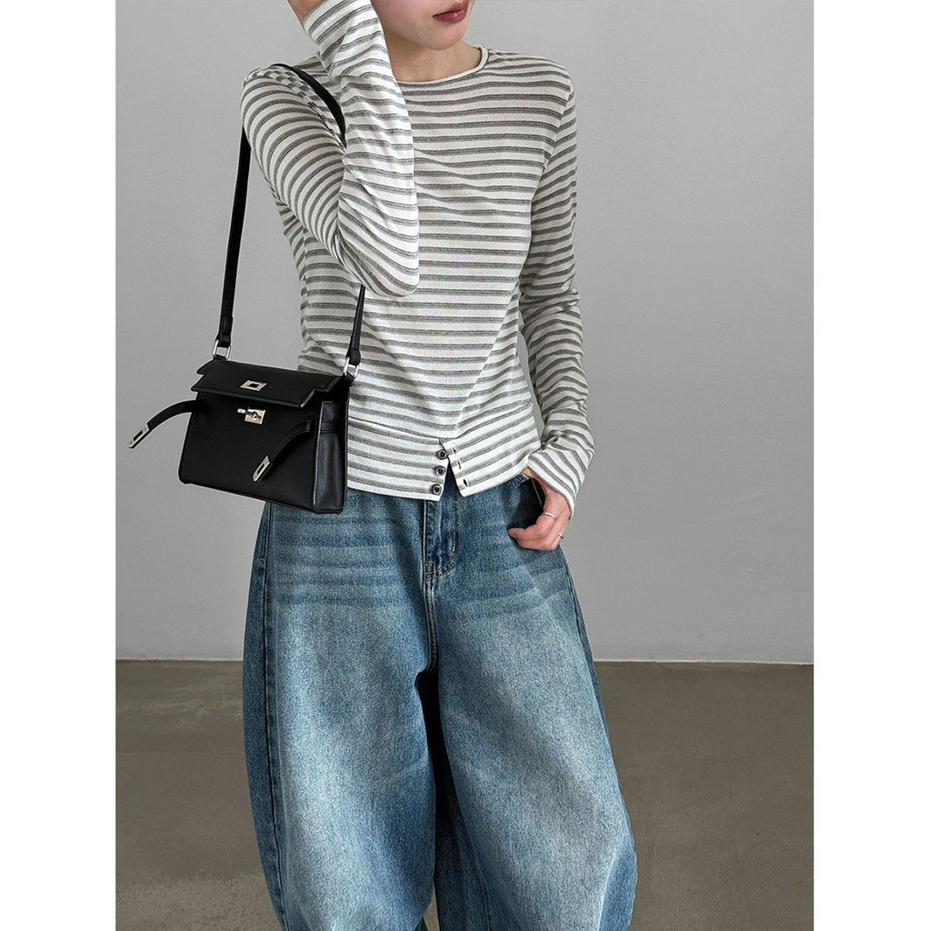 Deer West Simple and Versatile Striped Hem Button-Down Loose Fit Women's Basic Tee Long Sleeve T-Shirt