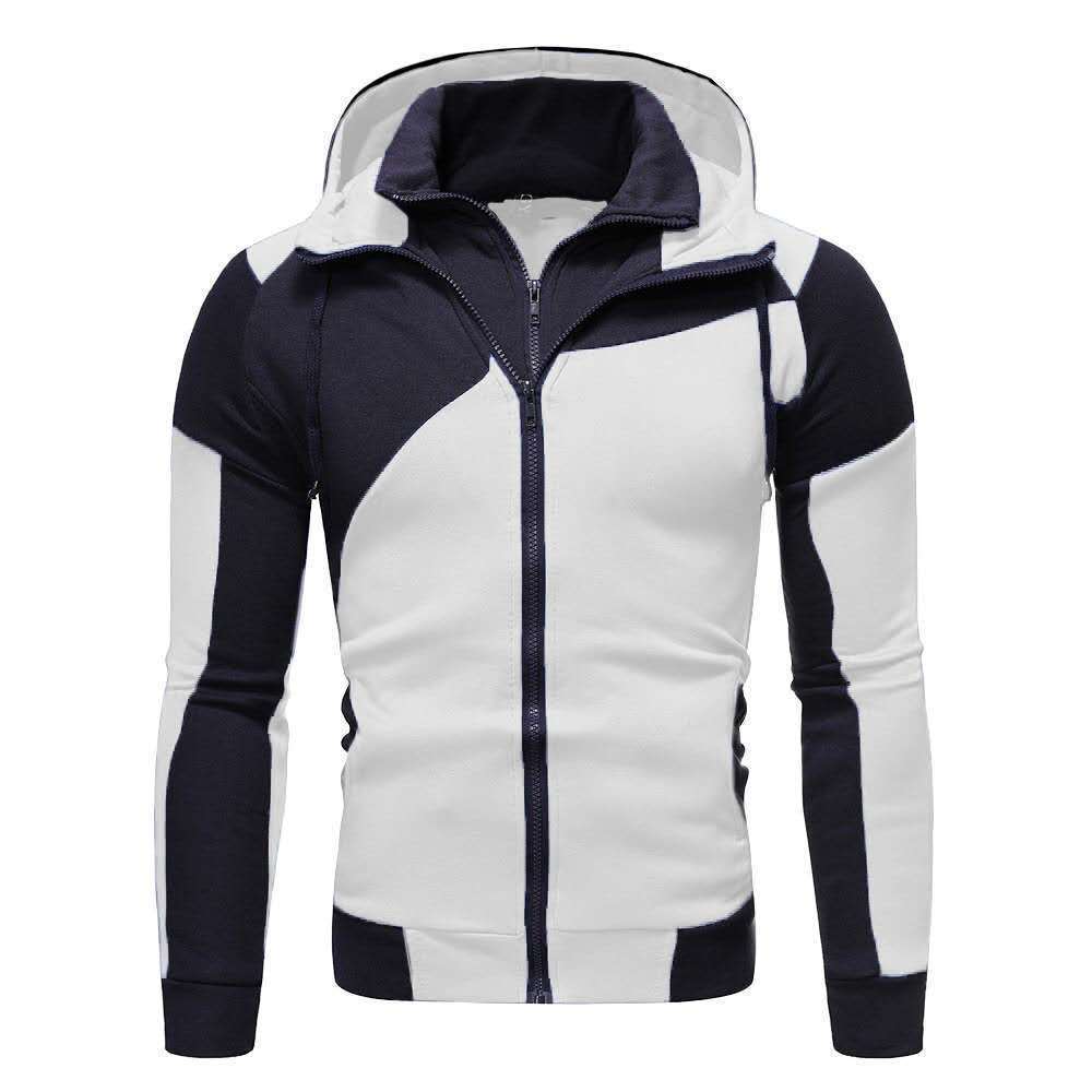 Men's Casual Color Block Spliced Long Sleeve Two-Way Zipper Hooded Zip-Up Jacket