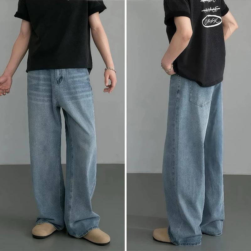 Vintage Denim Pants Men Washed Wide Leg Retro Distressed Loose Straight Leg Long Trousers