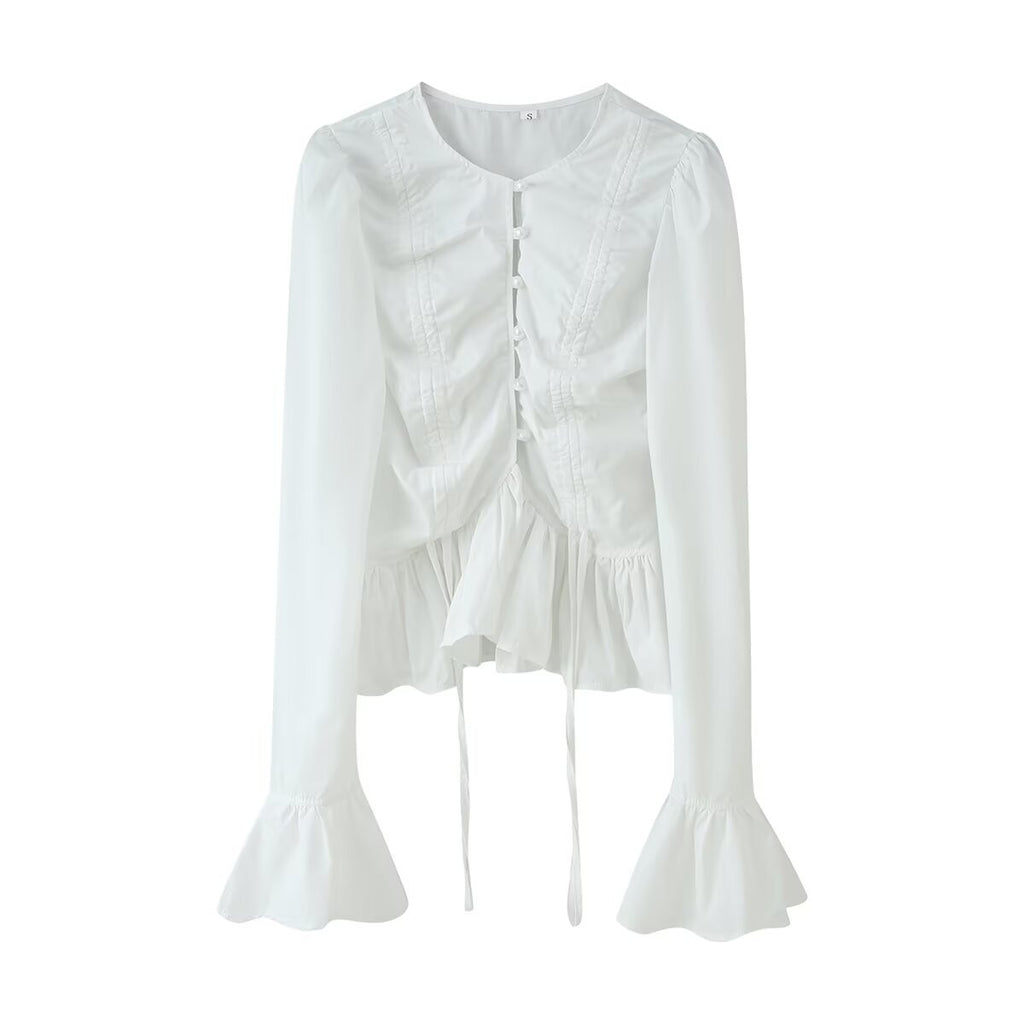 Lace up drawstring embellished trumpet long sleeved top