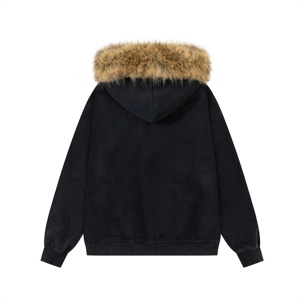 Woolen collar hooded cardigan sweatshirt
