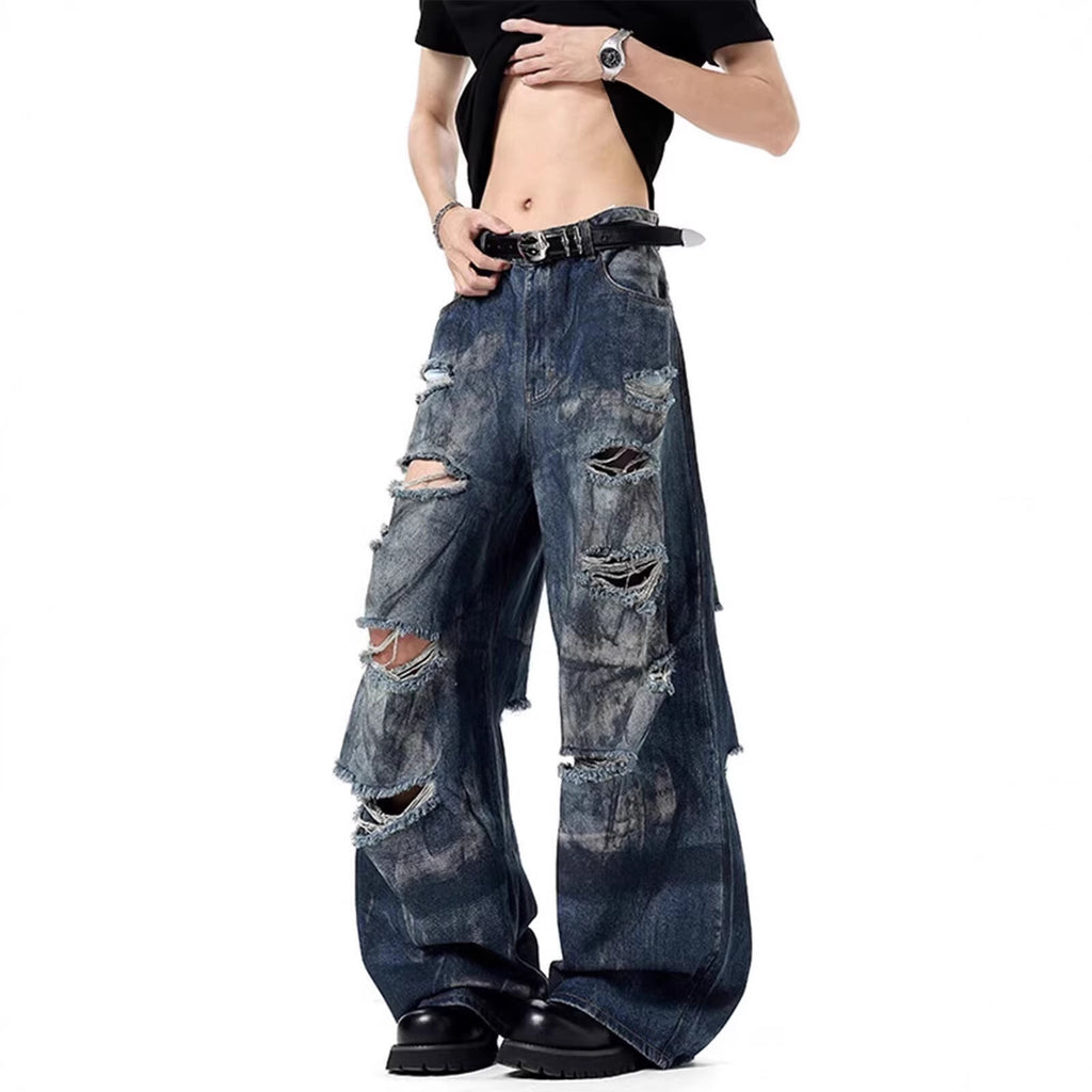 Washed Distressed Knife-Edge Pants for Men Summer Casual Loose Fit  Denim Trousers