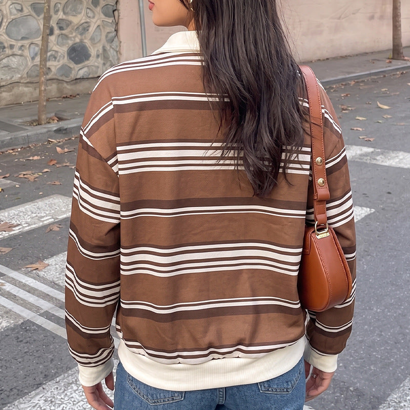 Striped contrasting polo neck loose hoodie for women