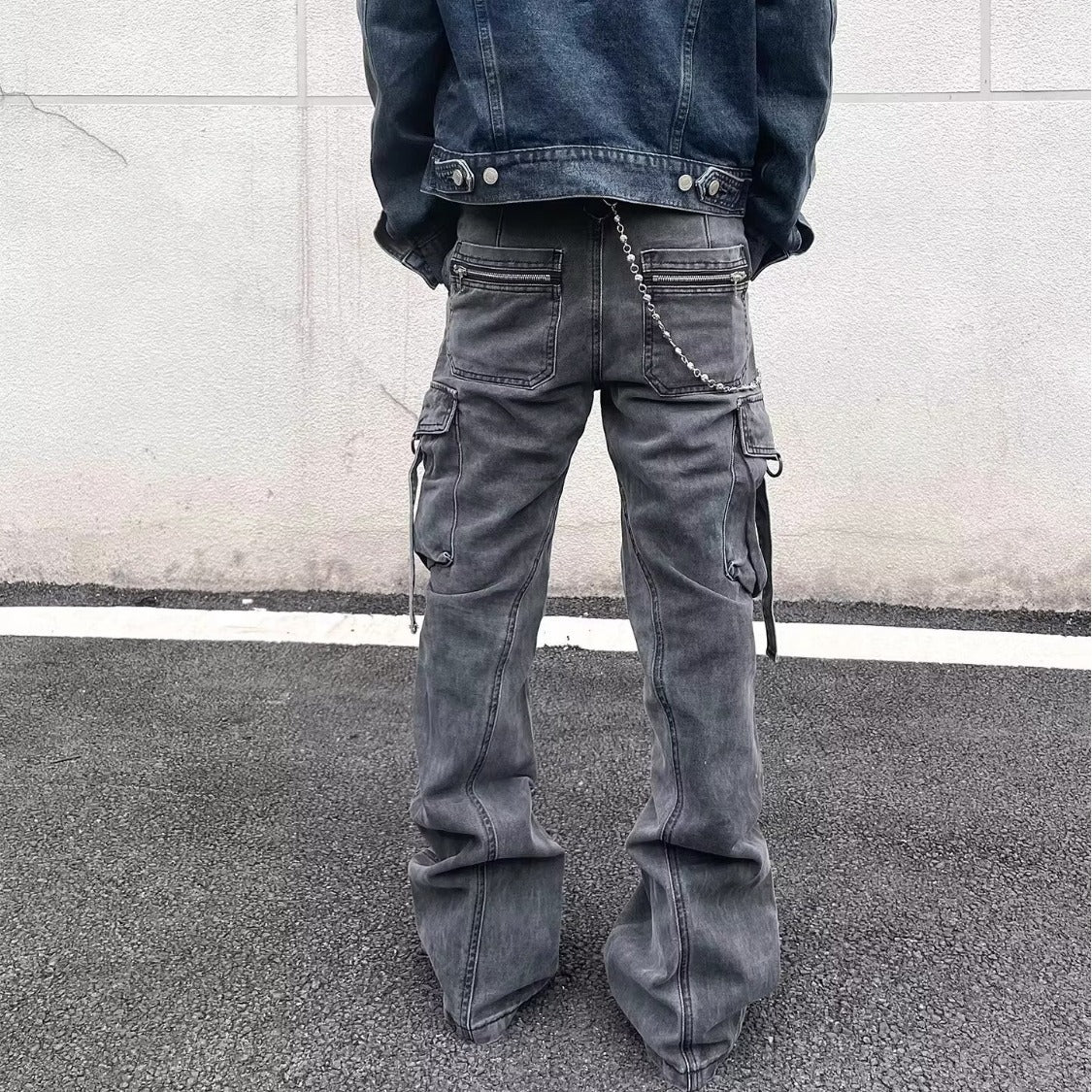 Street Style Distressed Washed Multi-Pocket Flared Cargo Jeans