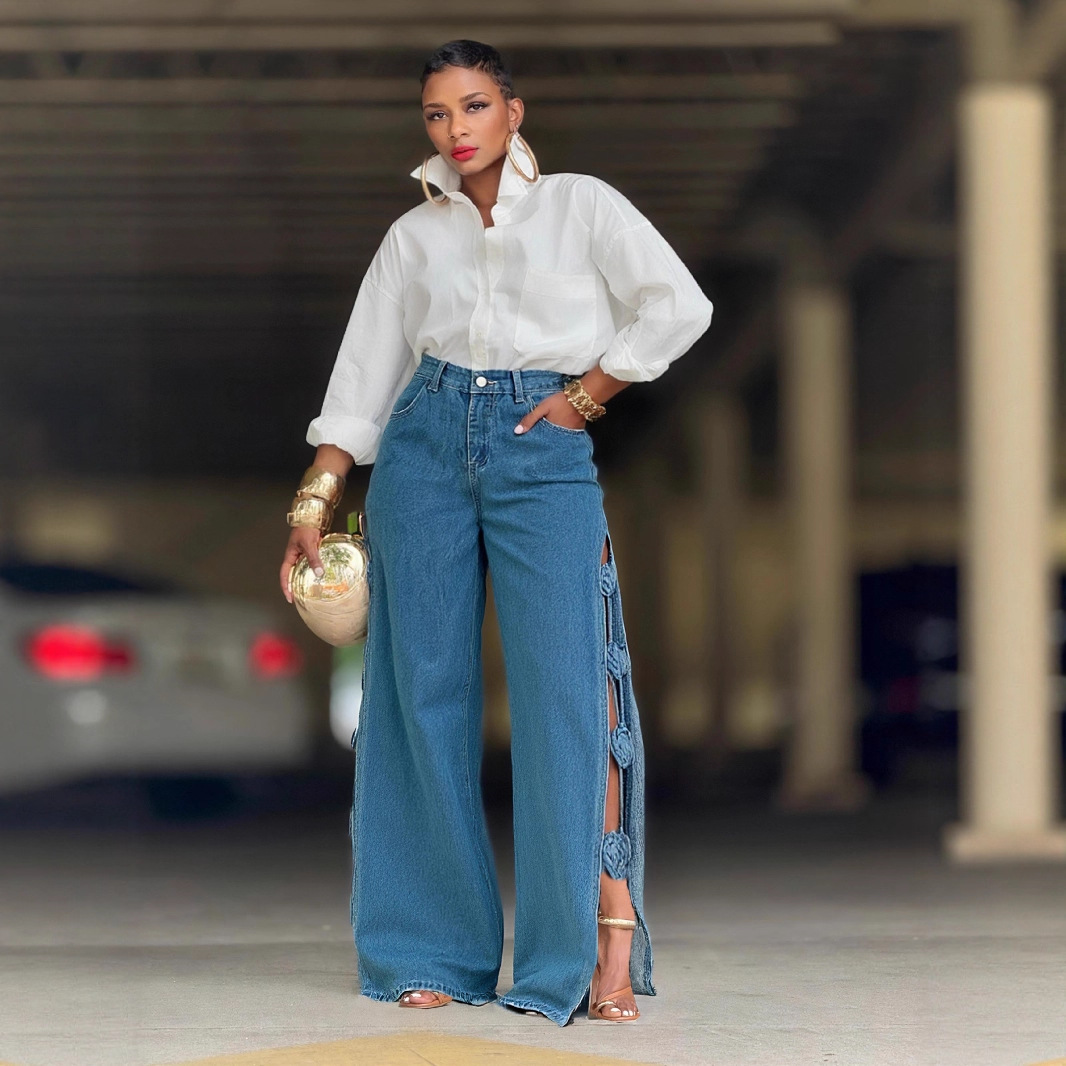 Hollowed-out Split Handmade 3D Flower Women's Jeans